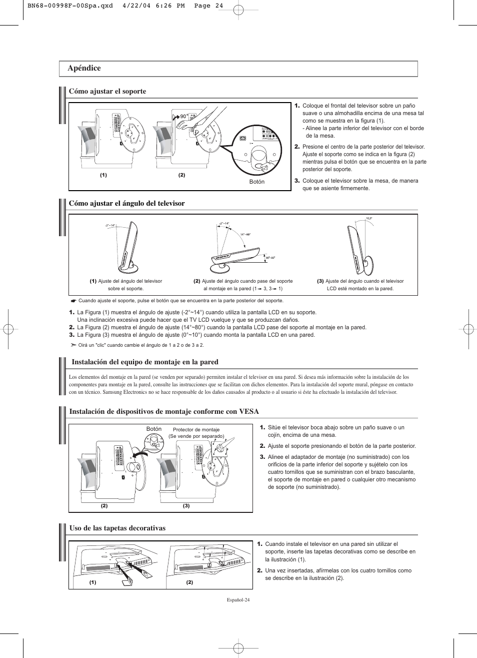 Apéndice, Uso de las tapetas decorativas | Samsung LNS1951WX-XAP User Manual | Page 78 / 80