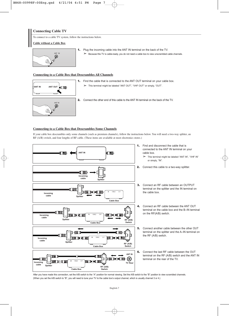 Connecting cable tv | Samsung LNS1951WX-XAP User Manual | Page 9 / 80