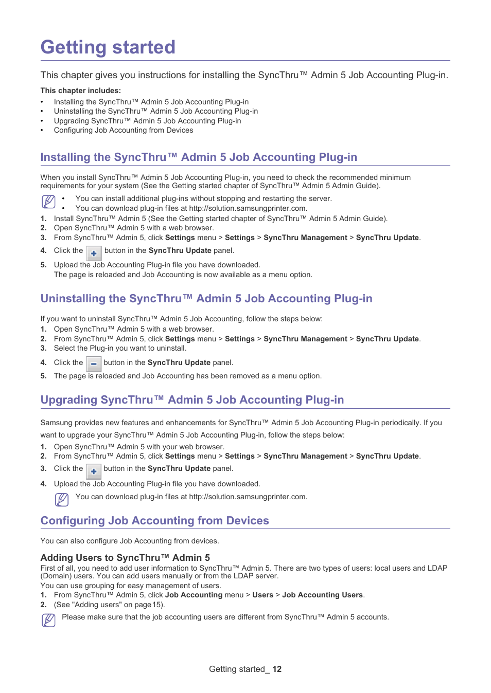 Getting started, Upgrading syncthru™ admin 5 job accounting plug-in, Configuring job accounting from devices | Adding users to syncthru™ admin 5 | Samsung SCX-6555N-XBG User Manual | Page 12 / 65
