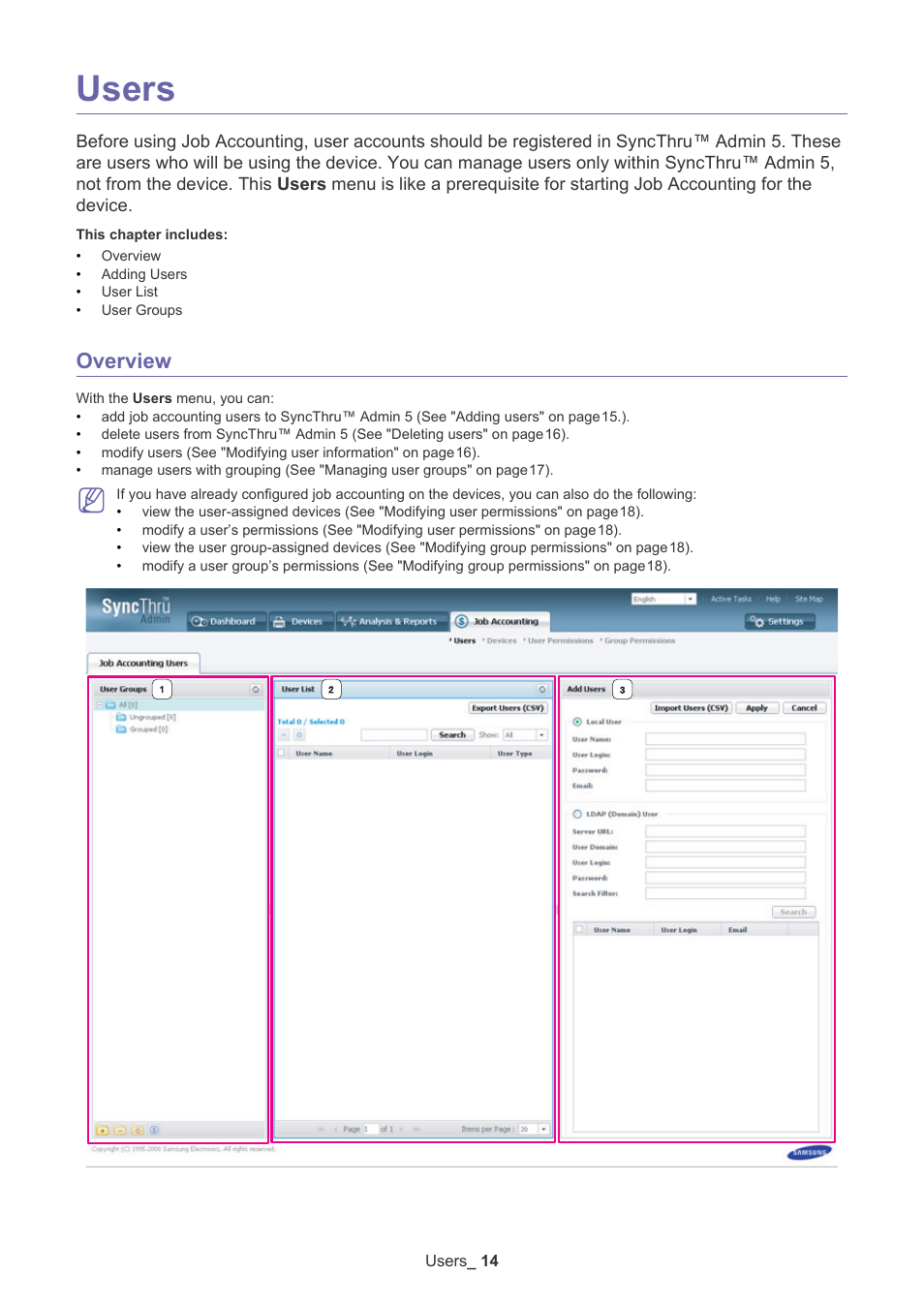 Users, Overview | Samsung SCX-6555N-XBG User Manual | Page 14 / 65