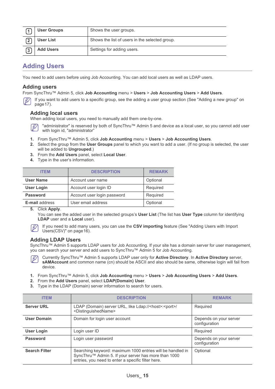 Adding users, Adding local users, Adding ldap users | Samsung SCX-6555N-XBG User Manual | Page 15 / 65