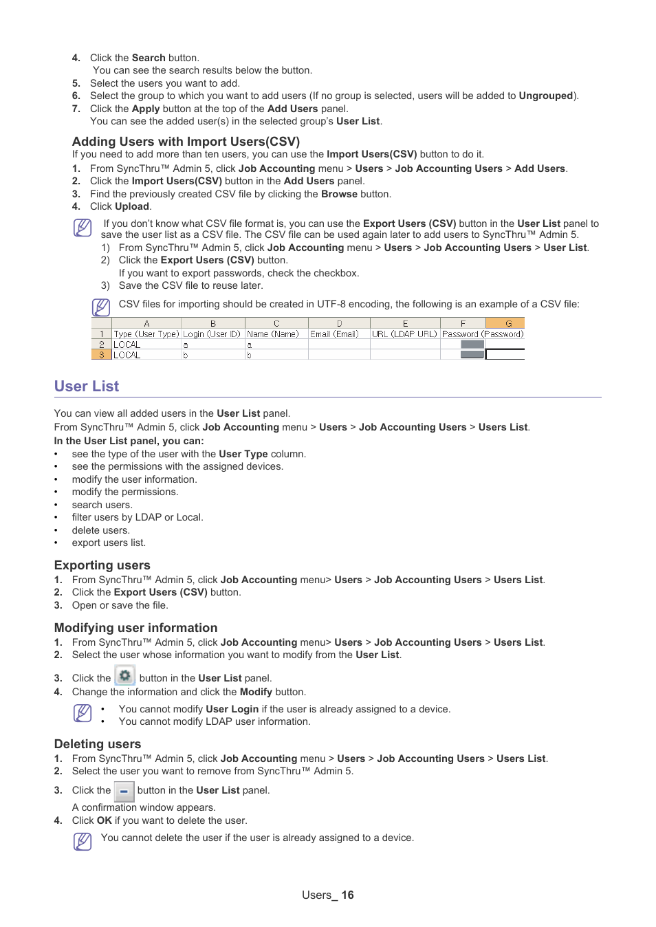 User list, Exporting users, Modifying user information | Deleting users, Adding users with import users(csv) | Samsung SCX-6555N-XBG User Manual | Page 16 / 65