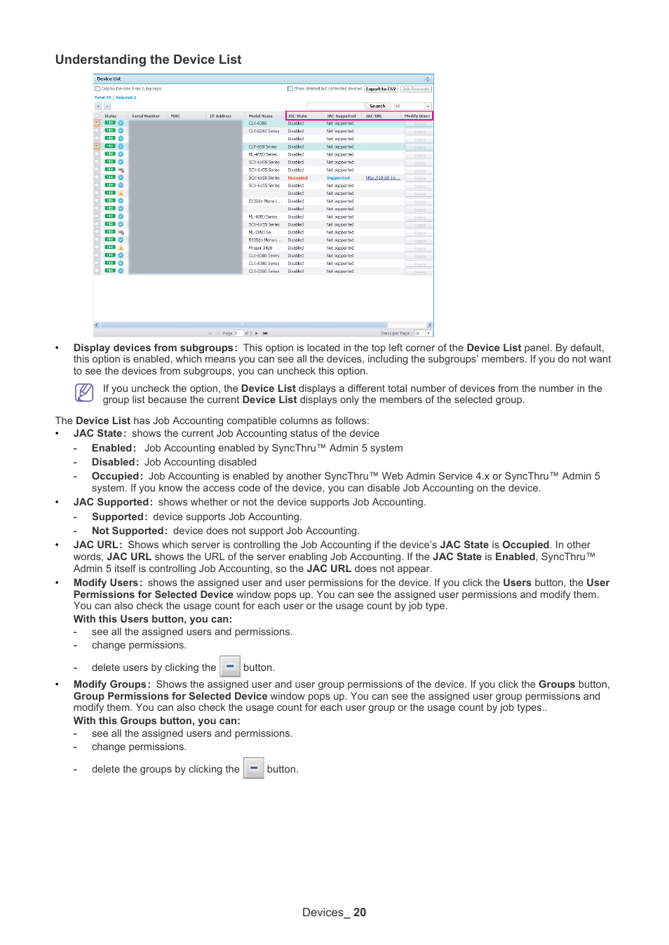 Understanding the device list | Samsung SCX-6555N-XBG User Manual | Page 20 / 65