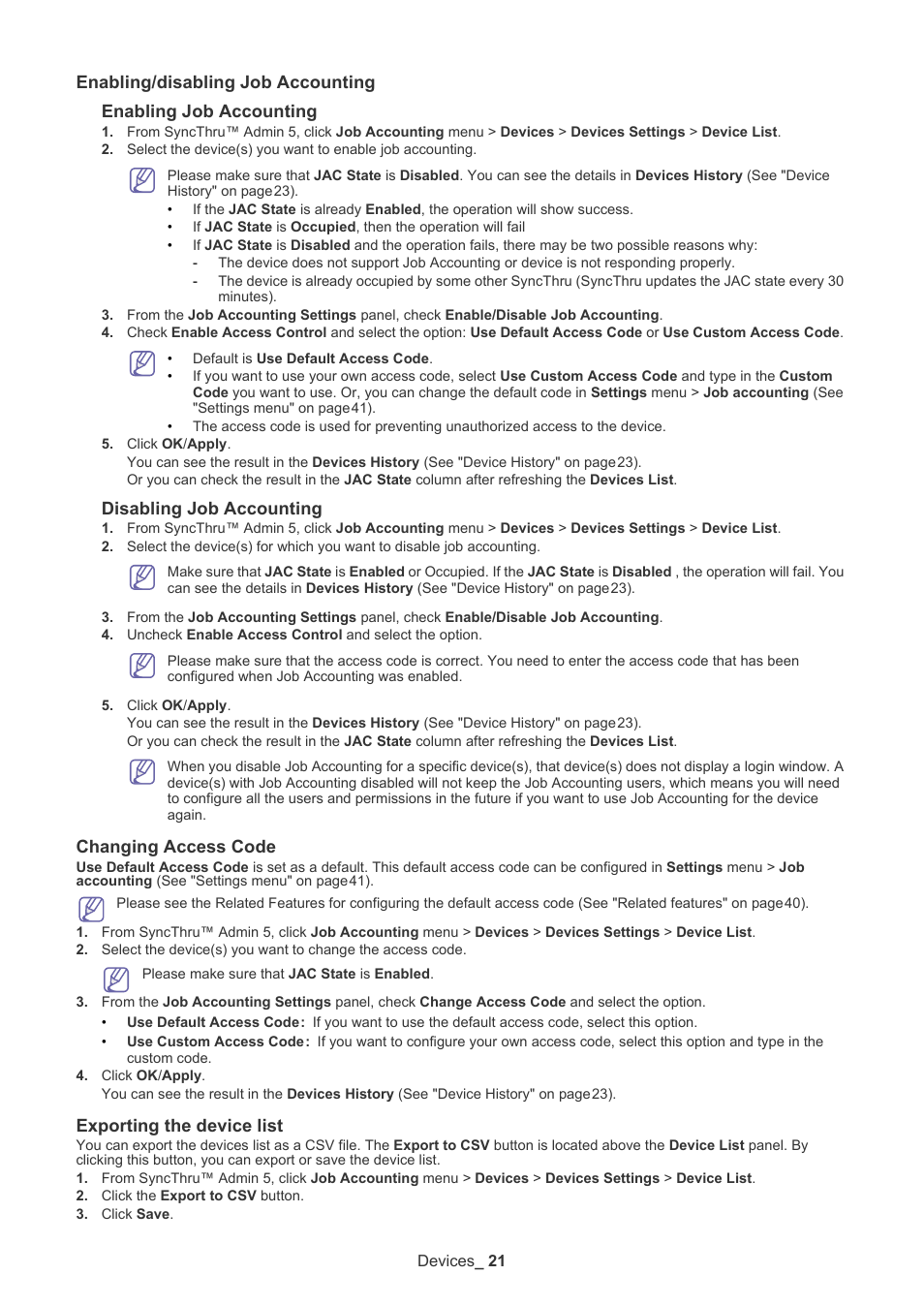 Enabling/disabling job accounting, Changing access code, Exporting the device list | Disabling job accounting | Samsung SCX-6555N-XBG User Manual | Page 21 / 65