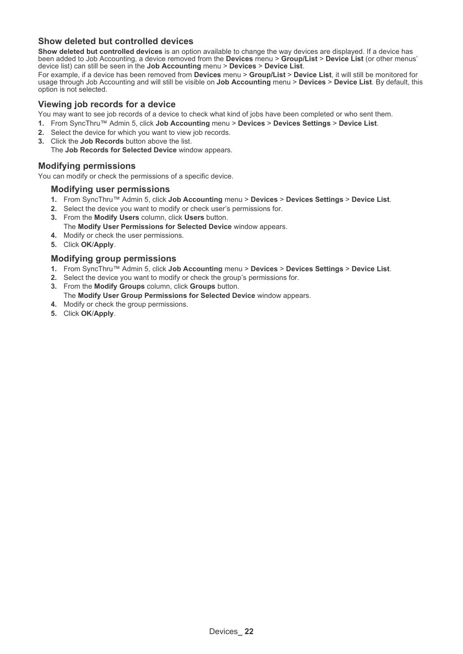 Show deleted but controlled devices, Viewing job records for a device, Modifying permissions | Samsung SCX-6555N-XBG User Manual | Page 22 / 65