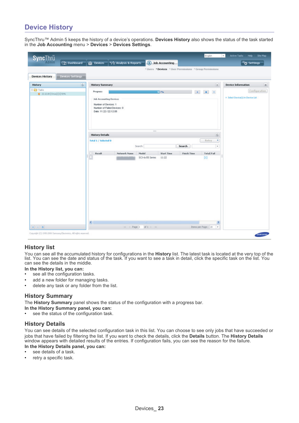 Device history, History list, History summary | History details | Samsung SCX-6555N-XBG User Manual | Page 23 / 65