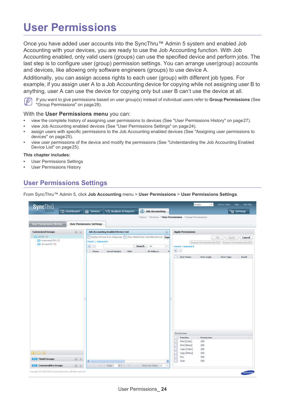 User permissions, User permissions settings, With the user permissions menu you can | Samsung SCX-6555N-XBG User Manual | Page 24 / 65