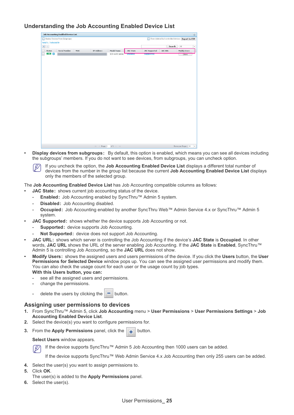 Assigning user permissions to devices | Samsung SCX-6555N-XBG User Manual | Page 25 / 65