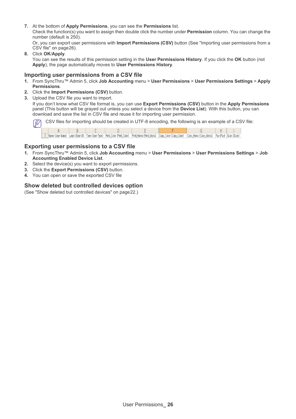 Importing user permissions from a csv file, Exporting user permissions to a csv file, Show deleted but controlled devices option | Samsung SCX-6555N-XBG User Manual | Page 26 / 65
