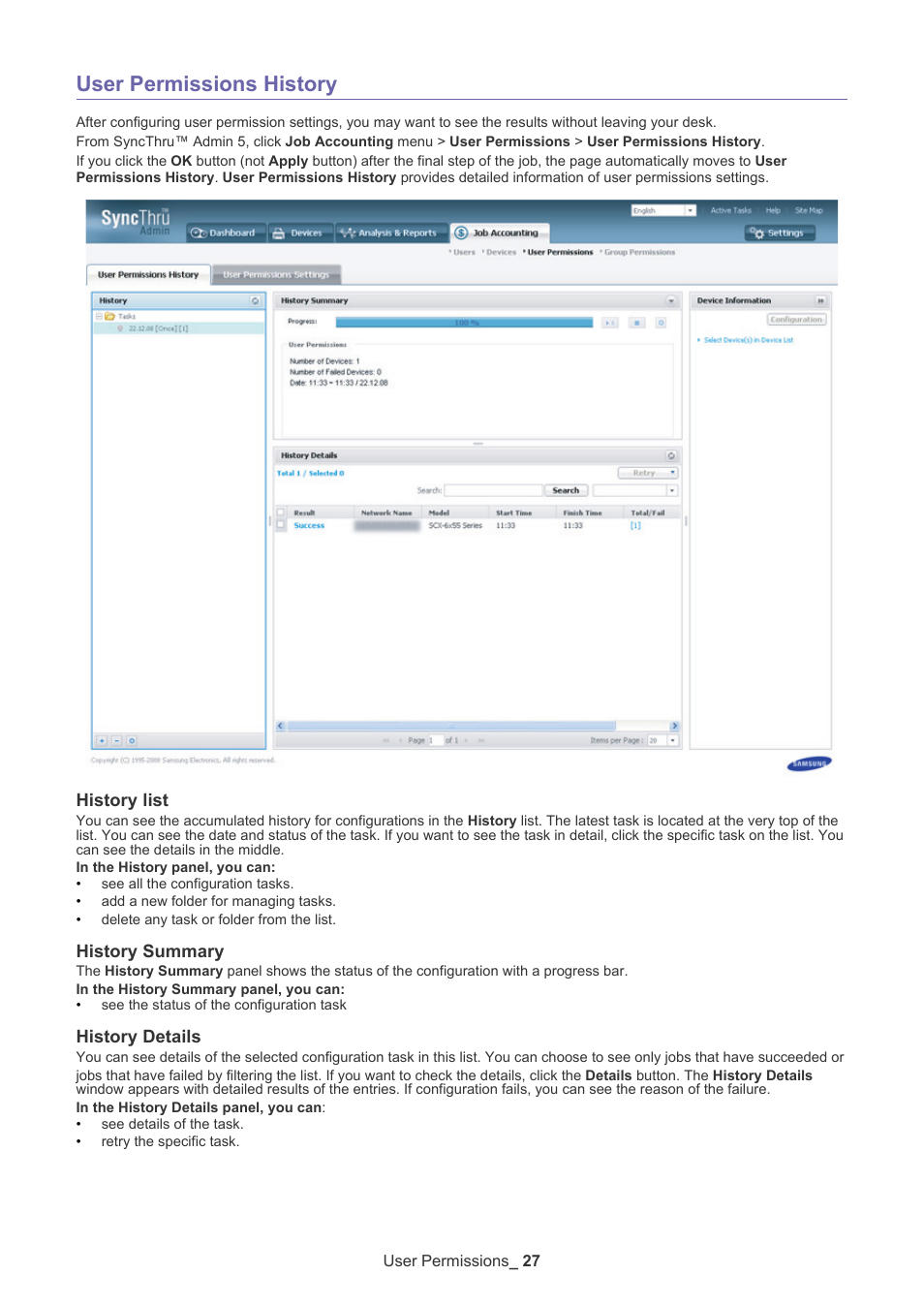 User permissions history, History list, History summary | History details | Samsung SCX-6555N-XBG User Manual | Page 27 / 65