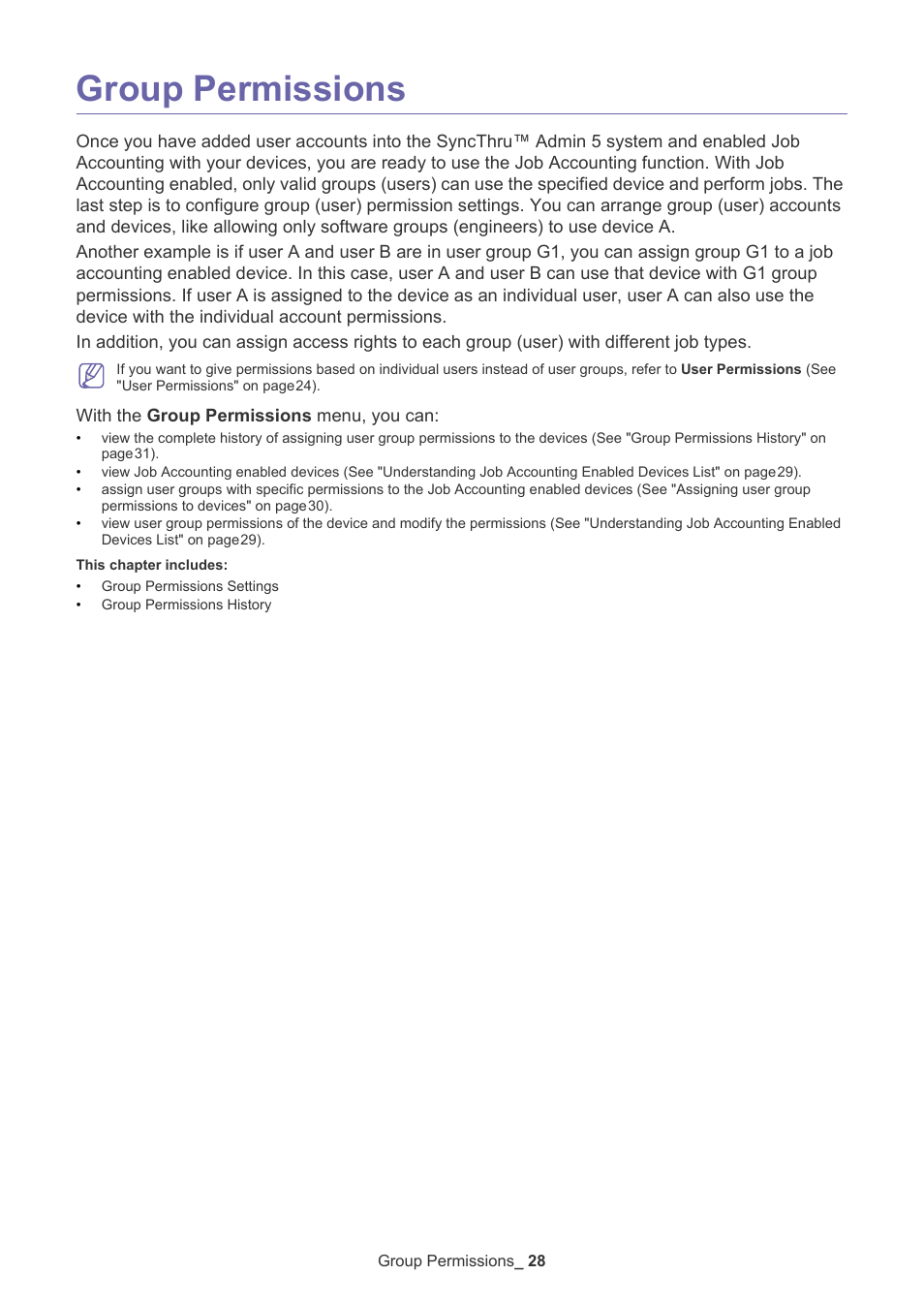 Group permissions, With the group permissions menu, you can | Samsung SCX-6555N-XBG User Manual | Page 28 / 65