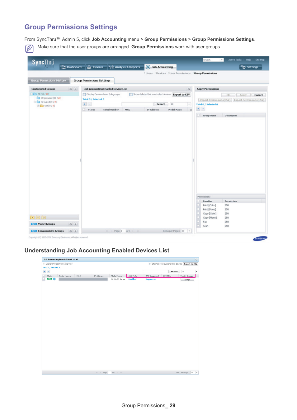 Group permissions settings, Understanding job accounting enabled devices list | Samsung SCX-6555N-XBG User Manual | Page 29 / 65