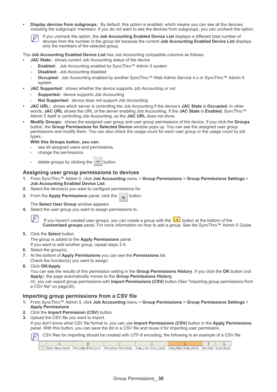 Assigning user group permissions to devices, Importing group permissions from a csv file | Samsung SCX-6555N-XBG User Manual | Page 30 / 65