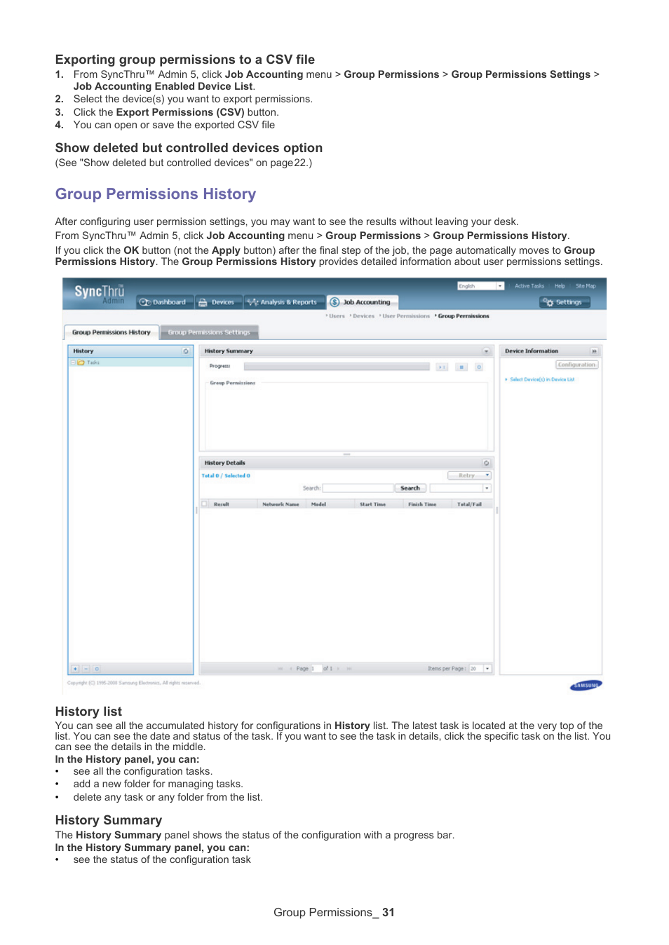 Exporting group permissions to a csv file, Show deleted but controlled devices option, Group permissions history | History list, History summary | Samsung SCX-6555N-XBG User Manual | Page 31 / 65