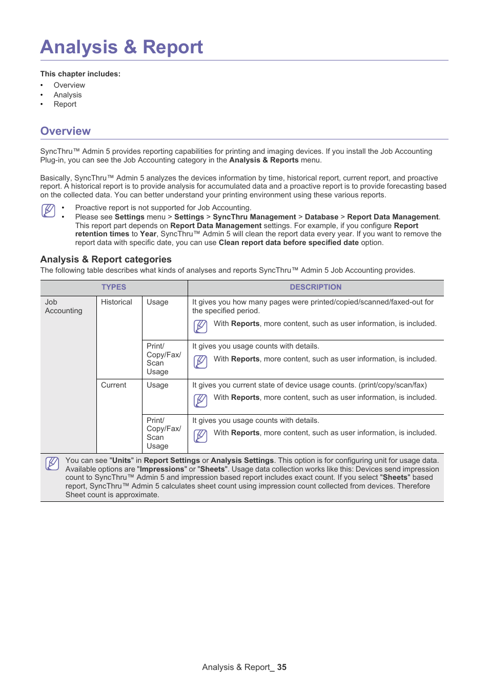 Analysis & report, Overview, Analysis & report categories | Samsung SCX-6555N-XBG User Manual | Page 35 / 65