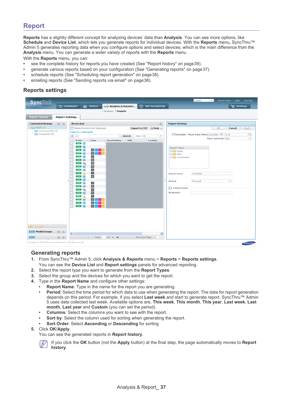 Report, Reports settings, Reports settings generating reports | Samsung SCX-6555N-XBG User Manual | Page 37 / 65