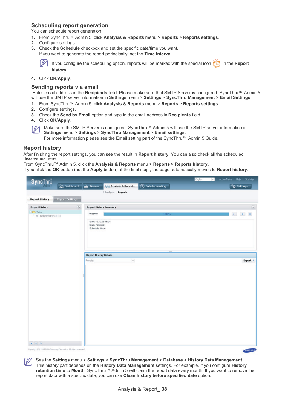 Report history, Scheduling report generation, Sending reports via email | Samsung SCX-6555N-XBG User Manual | Page 38 / 65