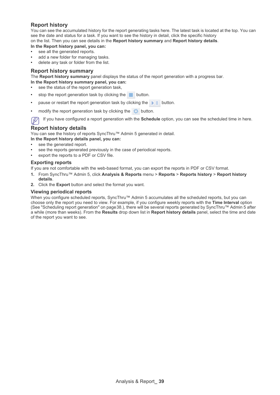 Report history, Report history summary, Report history details | Samsung SCX-6555N-XBG User Manual | Page 39 / 65