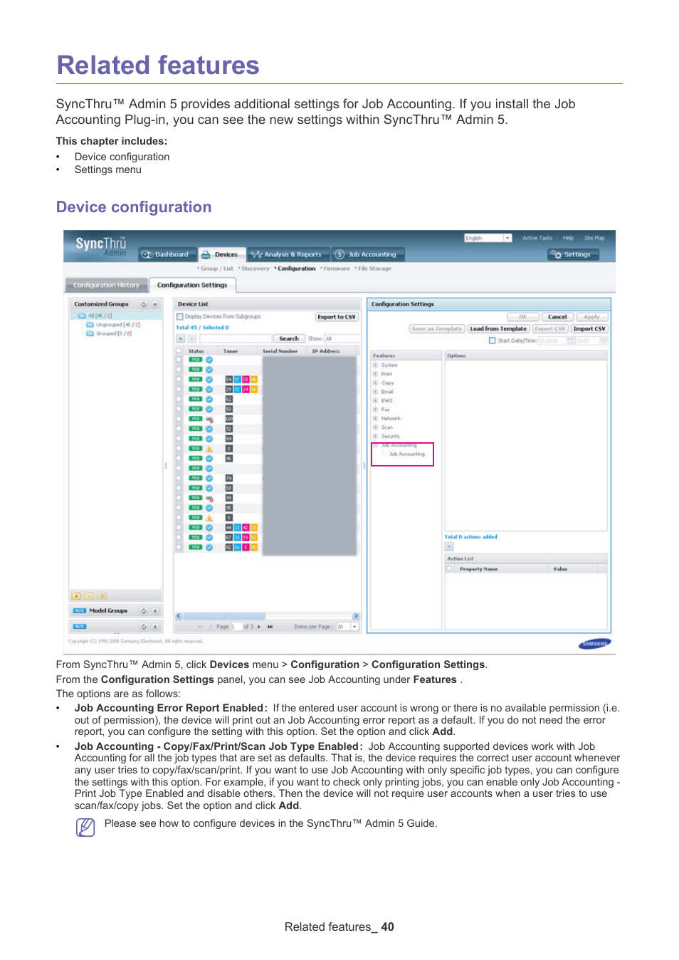 Related features, Device configuration, Ee "related features | Samsung SCX-6555N-XBG User Manual | Page 40 / 65