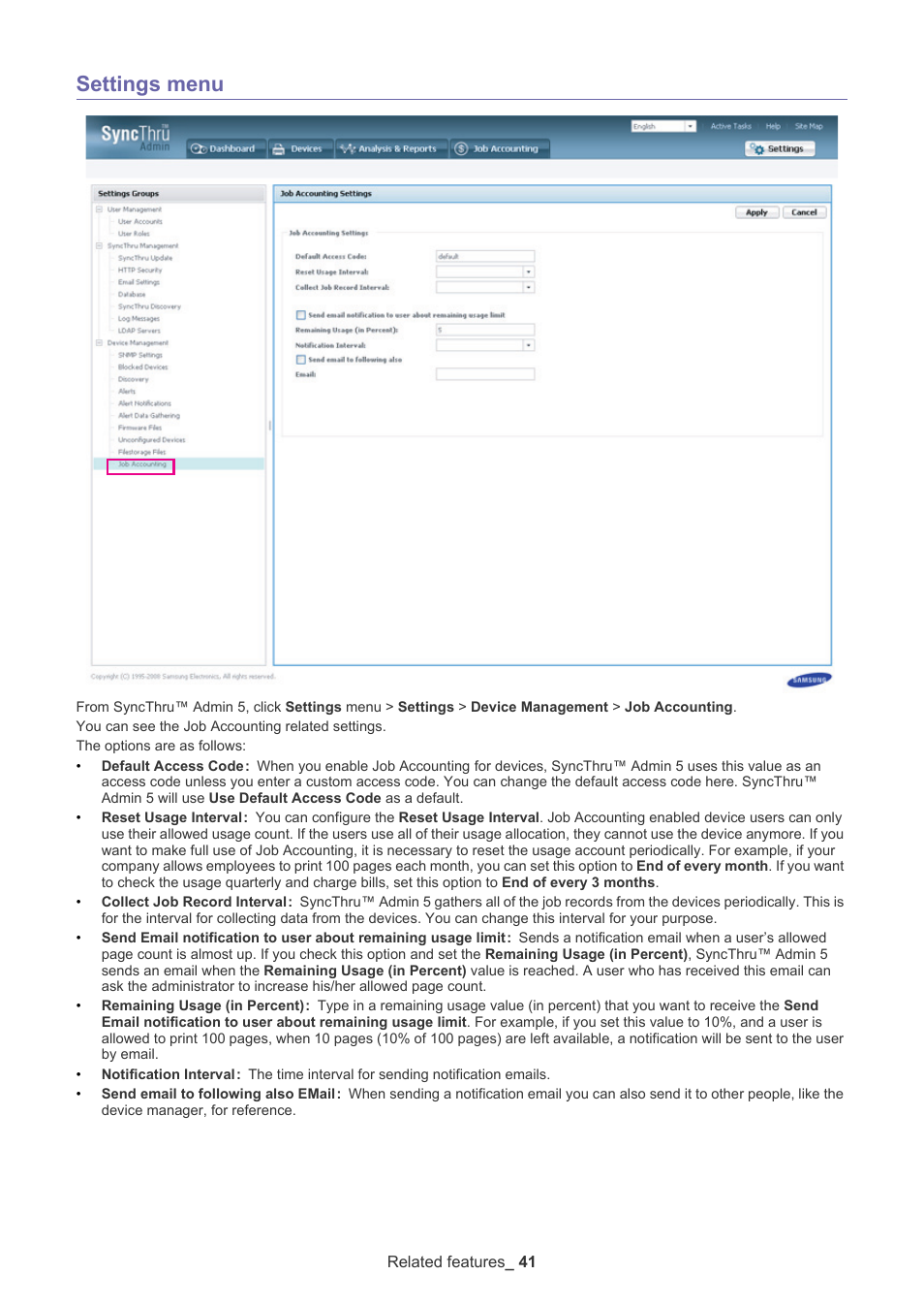 Settings menu | Samsung SCX-6555N-XBG User Manual | Page 41 / 65