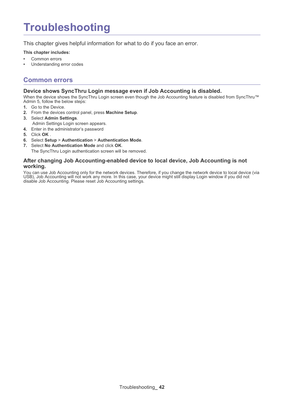 Troubleshooting, Common errors, Device shows syncthru login message even if | Samsung SCX-6555N-XBG User Manual | Page 42 / 65