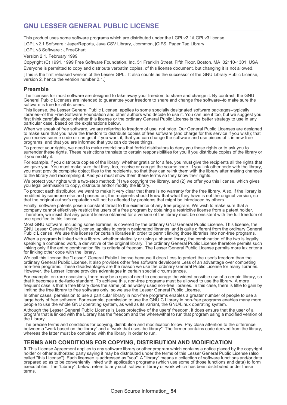Gnu lesser general public license, Preamble | Samsung SCX-6555N-XBG User Manual | Page 54 / 65