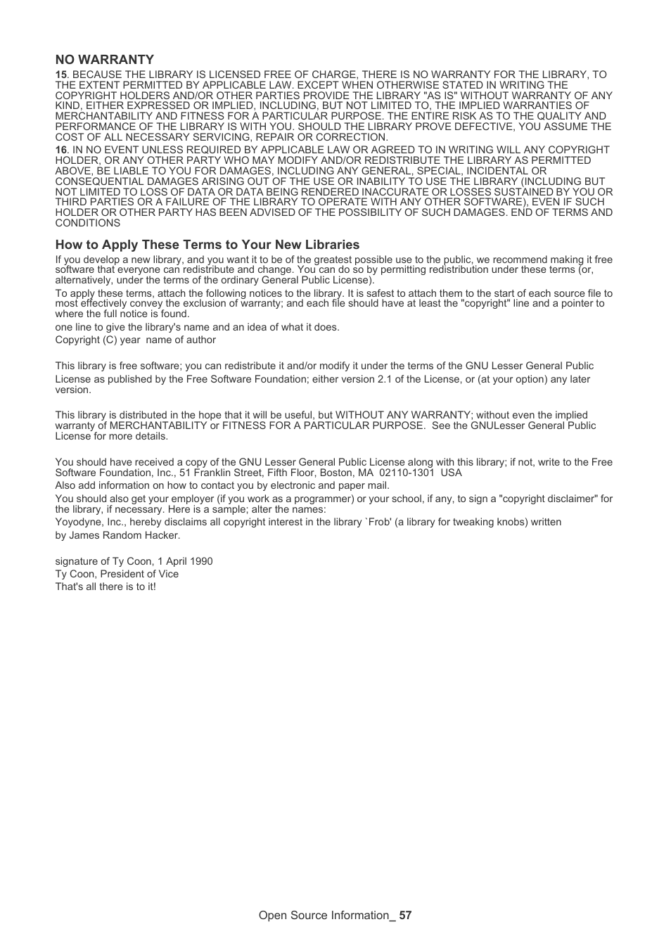 No warranty, How to apply these terms to your new libraries | Samsung SCX-6555N-XBG User Manual | Page 57 / 65