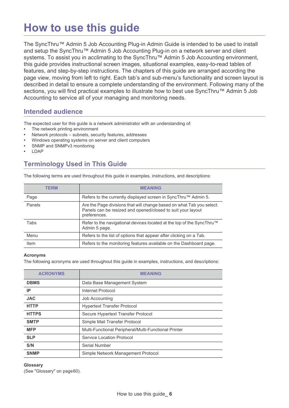 How to use this guide, Intended audience, Terminology used in this guide | Samsung SCX-6555N-XBG User Manual | Page 6 / 65
