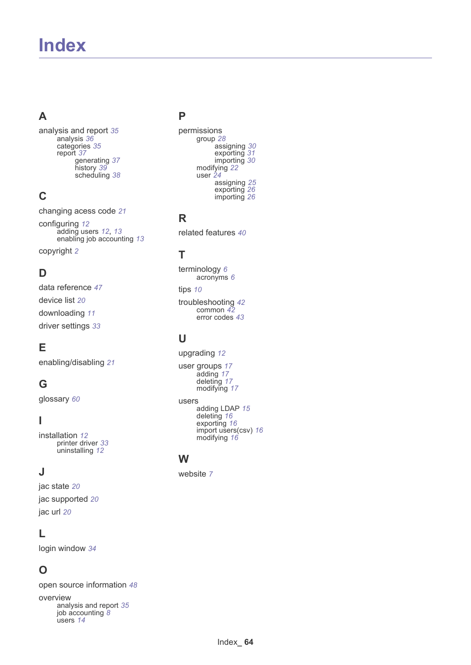 Index, Index/64 | Samsung SCX-6555N-XBG User Manual | Page 64 / 65