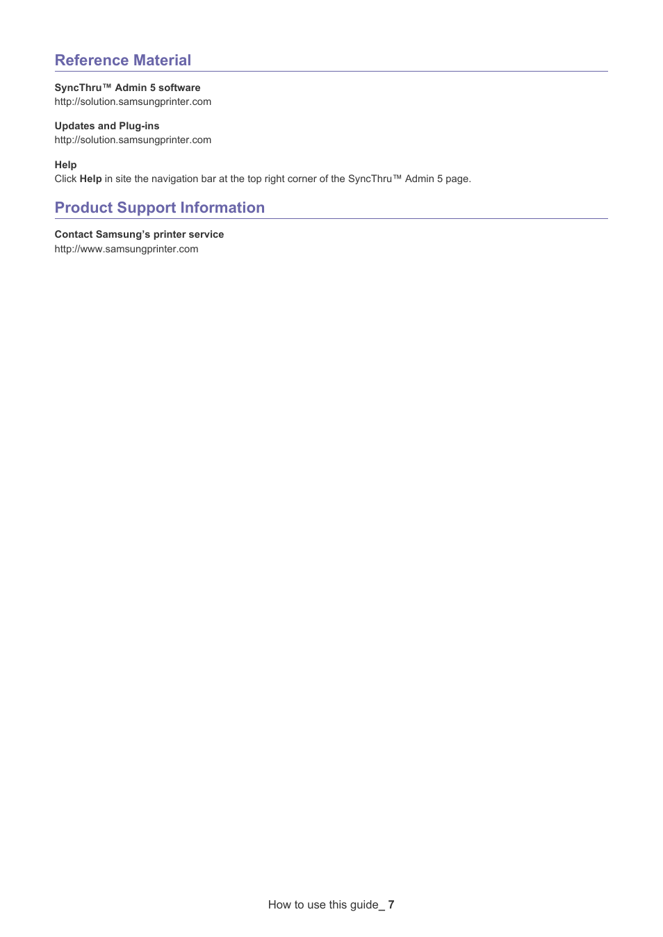 Reference material, Product support information | Samsung SCX-6555N-XBG User Manual | Page 7 / 65
