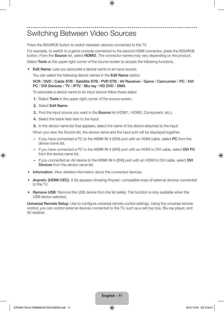 Switching between video sources | Samsung UN75F6400AFXZA User Manual | Page 11 / 34