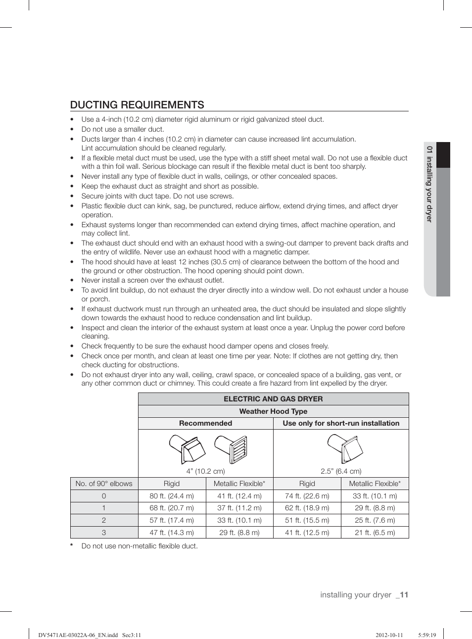 Ducting requirements | Samsung DV5451AGW-XAA User Manual | Page 11 / 80