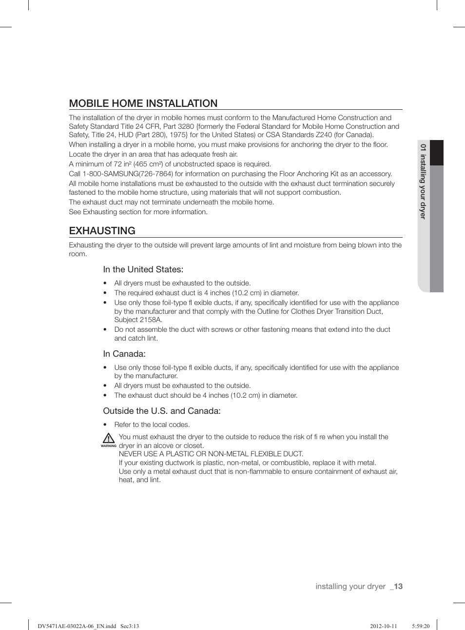 Mobile home installation, Exhausting | Samsung DV5451AGW-XAA User Manual | Page 13 / 80