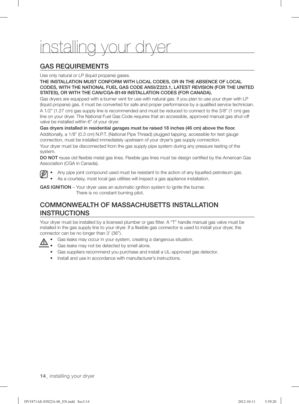 Installing your dryer, Gas requirements | Samsung DV5451AGW-XAA User Manual | Page 14 / 80