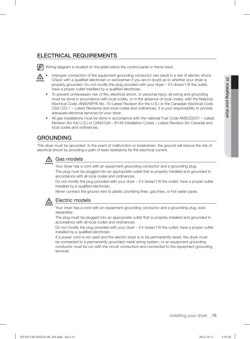 Electrical requirements, Grounding, Gas models | Electric models | Samsung DV5451AGW-XAA User Manual | Page 15 / 80