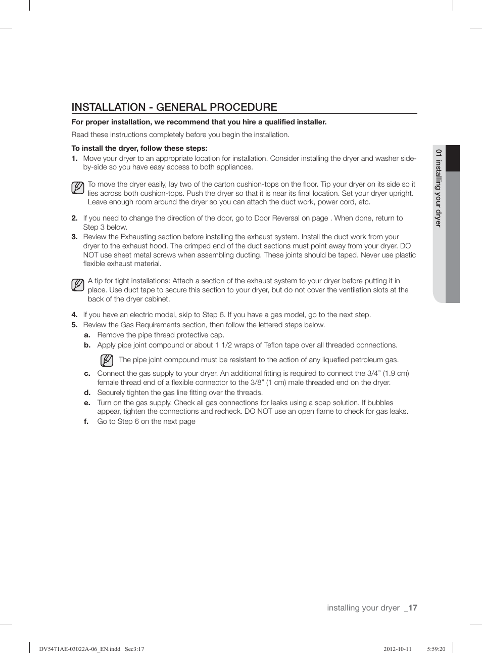 Installation - general procedure | Samsung DV5451AGW-XAA User Manual | Page 17 / 80