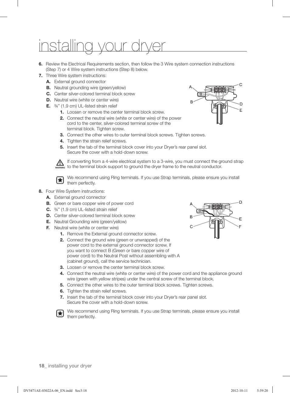 Installing your dryer | Samsung DV5451AGW-XAA User Manual | Page 18 / 80