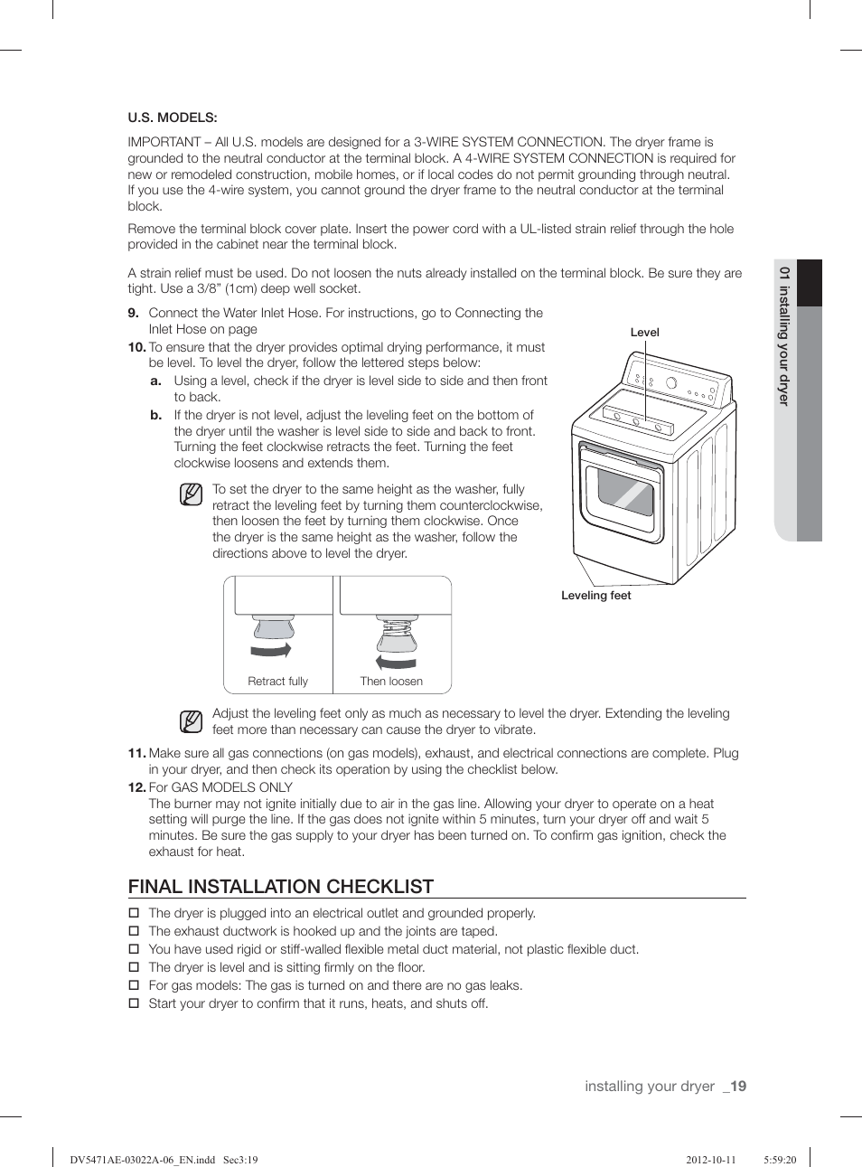 Final installation checklist | Samsung DV5451AGW-XAA User Manual | Page 19 / 80