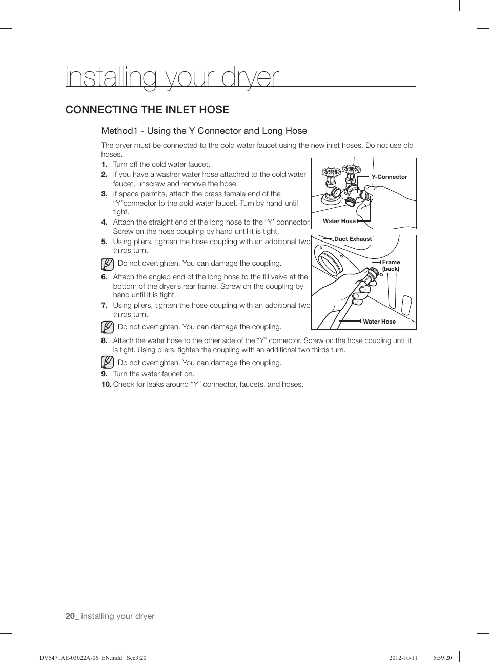 Installing your dryer, Connecting the inlet hose | Samsung DV5451AGW-XAA User Manual | Page 20 / 80