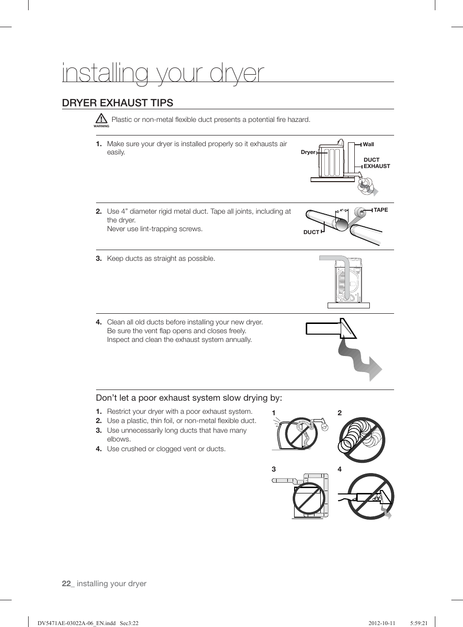 Installing your dryer, Dryer exhaust tips | Samsung DV5451AGW-XAA User Manual | Page 22 / 80