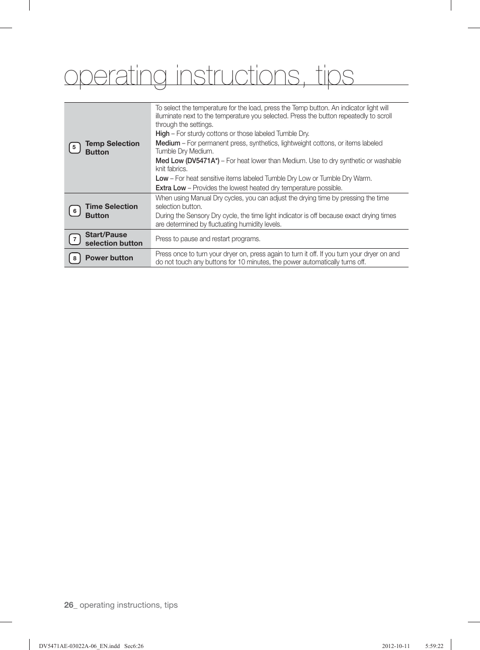 Operating instructions, tips | Samsung DV5451AGW-XAA User Manual | Page 26 / 80