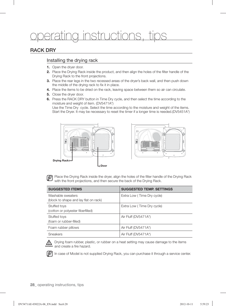 Operating instructions, tips, Rack dry, Installing the drying rack | Samsung DV5451AGW-XAA User Manual | Page 28 / 80