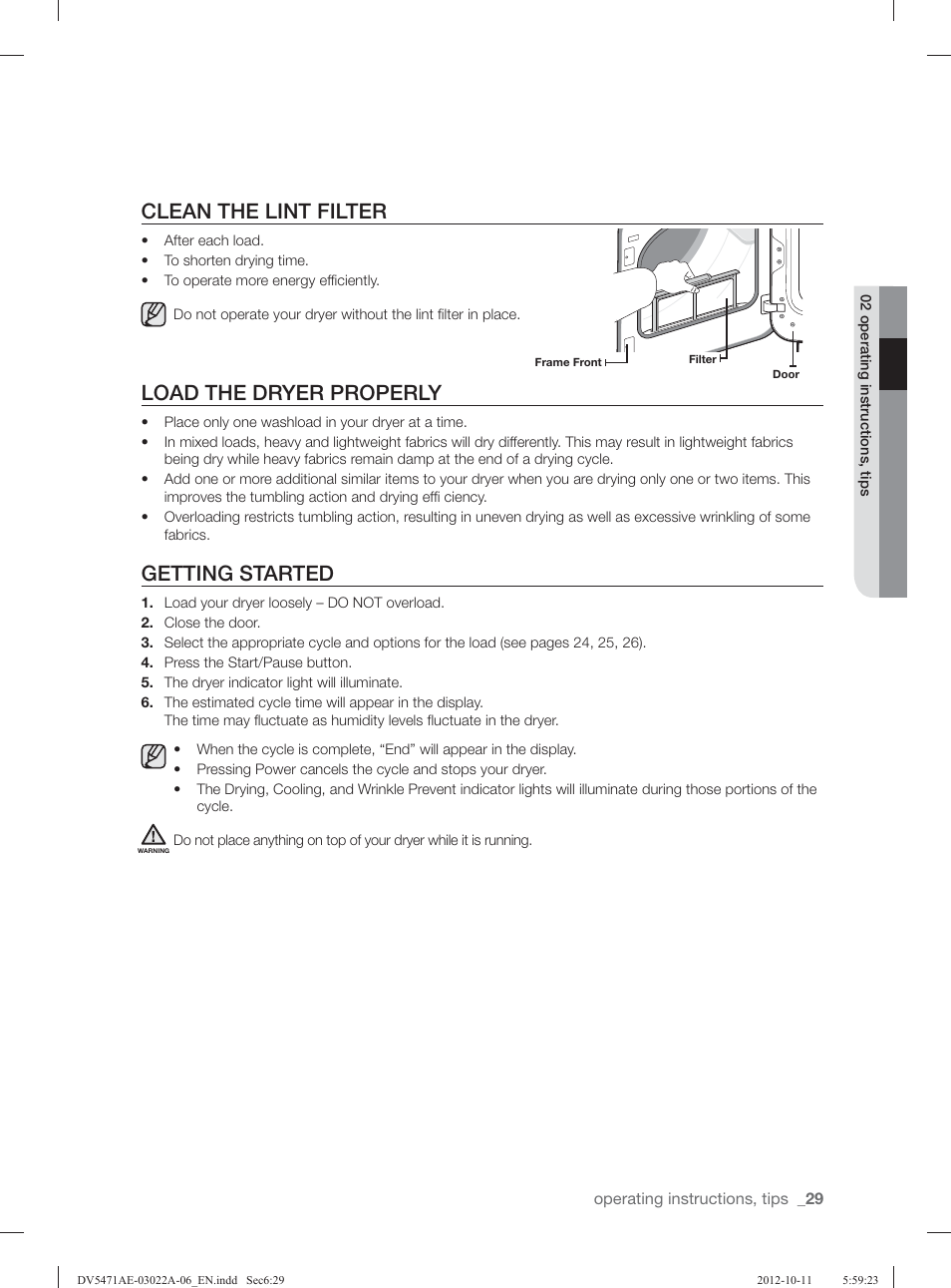 Clean the lint filter, Load the dryer properly, Getting started | Samsung DV5451AGW-XAA User Manual | Page 29 / 80
