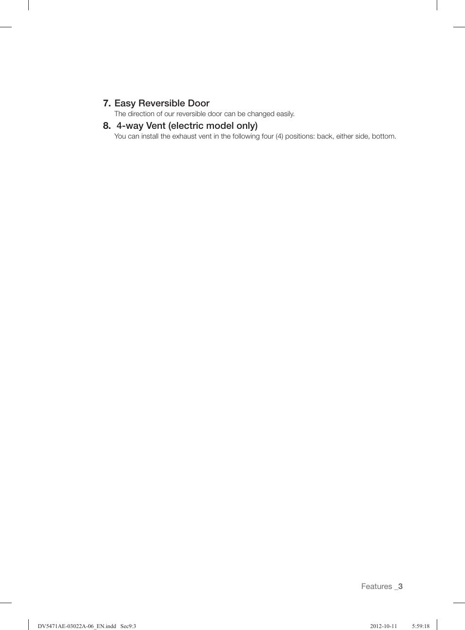 Easy reversible door, 4-way vent (electric model only) | Samsung DV5451AGW-XAA User Manual | Page 3 / 80