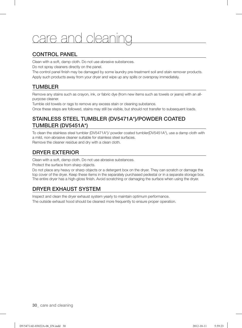 Care and cleaning, Control panel, Tumbler | Dryer exterior, Dryer exhaust system | Samsung DV5451AGW-XAA User Manual | Page 30 / 80
