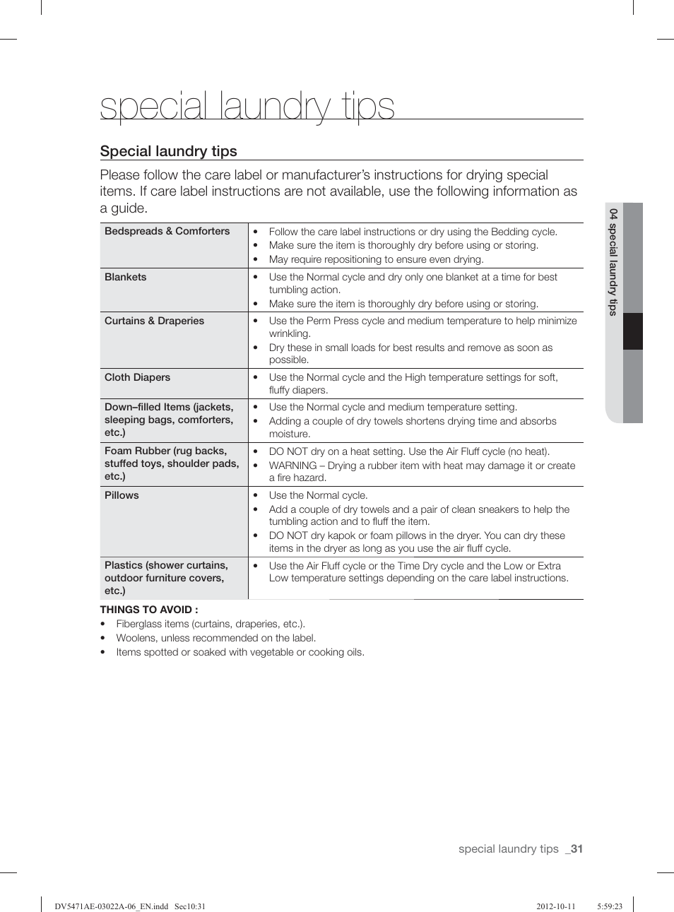 Special laundry tips | Samsung DV5451AGW-XAA User Manual | Page 31 / 80