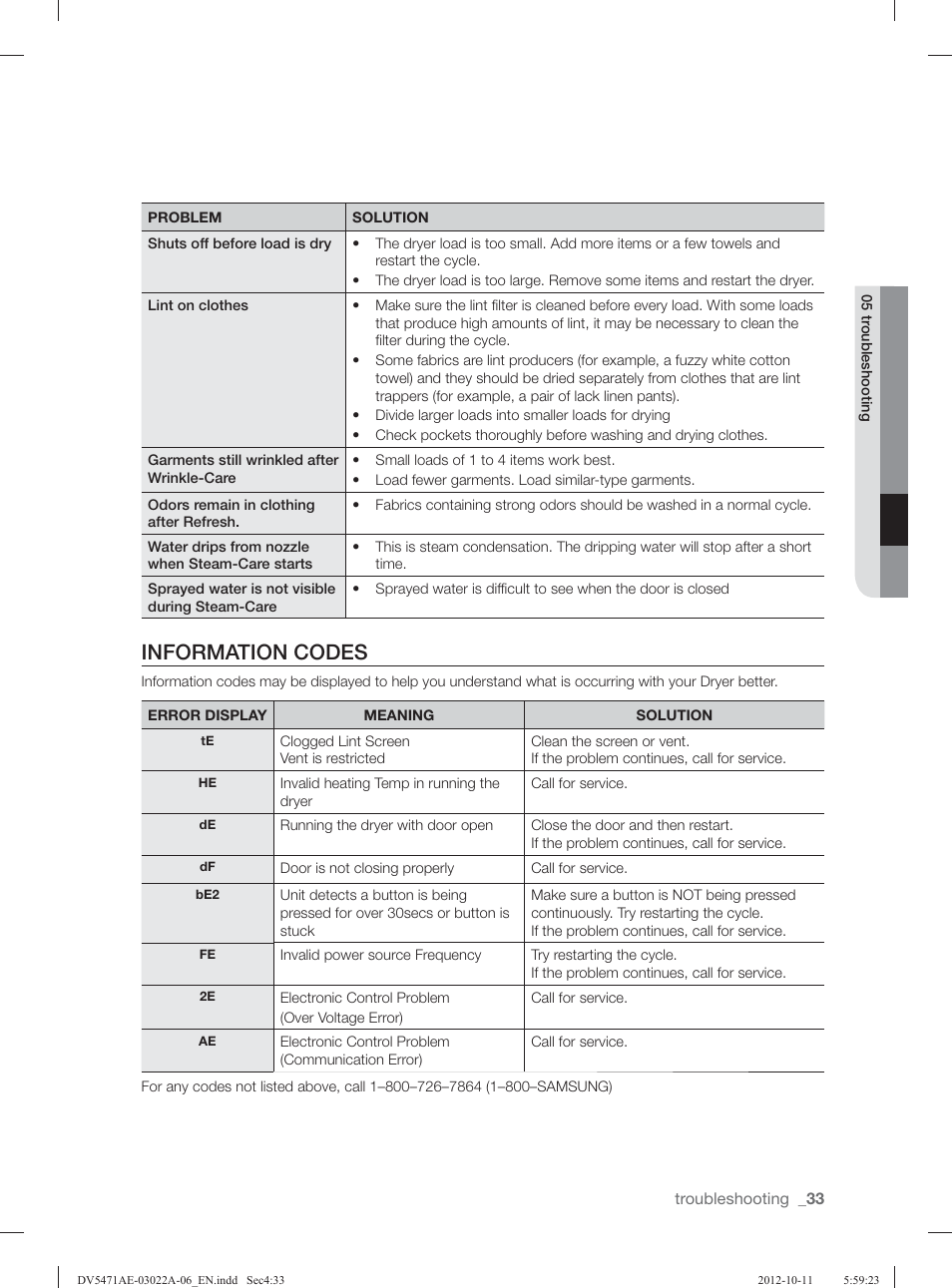 Information codes | Samsung DV5451AGW-XAA User Manual | Page 33 / 80