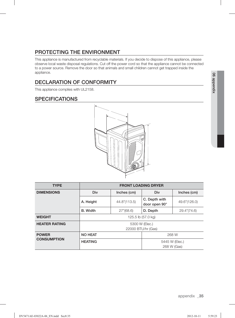 Protecting the environment, Declaration of conformity, Specifications | Samsung DV5451AGW-XAA User Manual | Page 35 / 80
