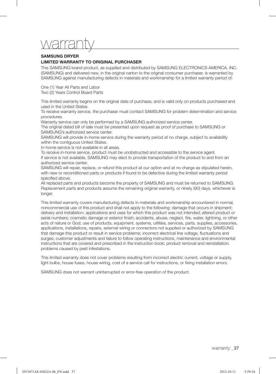 Warranty | Samsung DV5451AGW-XAA User Manual | Page 37 / 80
