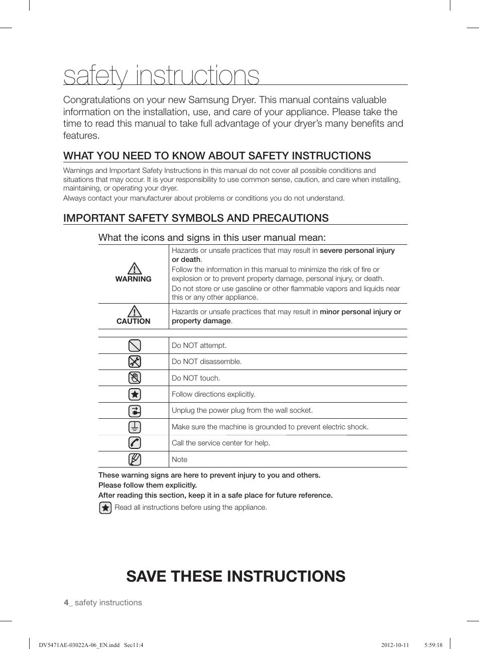 Safety instructions, Save these instructions, What you need to know about safety instructions | Important safety symbols and precautions | Samsung DV5451AGW-XAA User Manual | Page 4 / 80